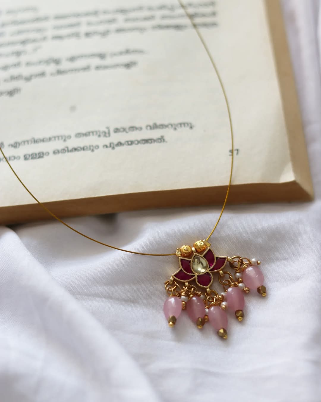 Jadau Kundan Lotus Pendant With Beads Handmade Necklace