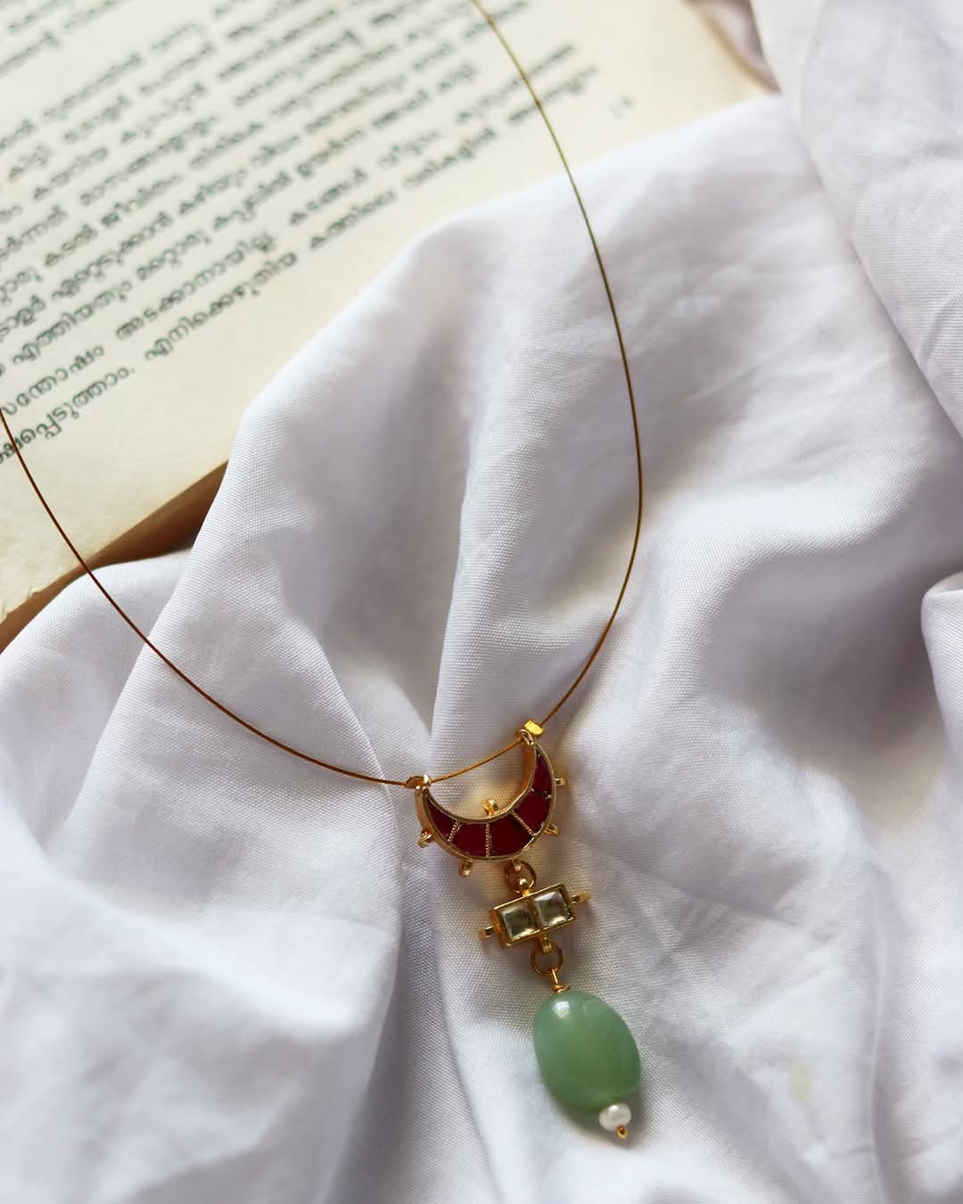 Jadau Kundan Moon And Bar Pendant With Jade Stone Handmade Necklace