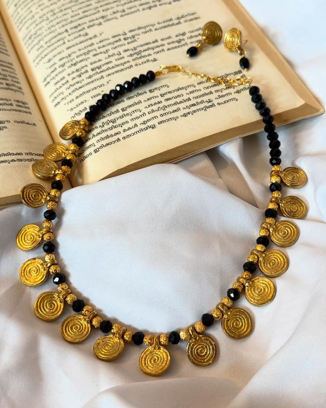 Brass Spiral Coin Charm With Golden And Black Beads Handmade Necklace With Earrings