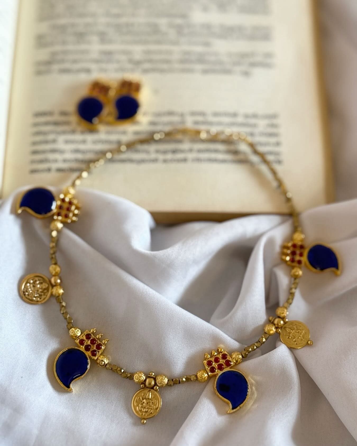 Enamelled Mango With Lakshmi Coins Handmade Necklace With Earrings