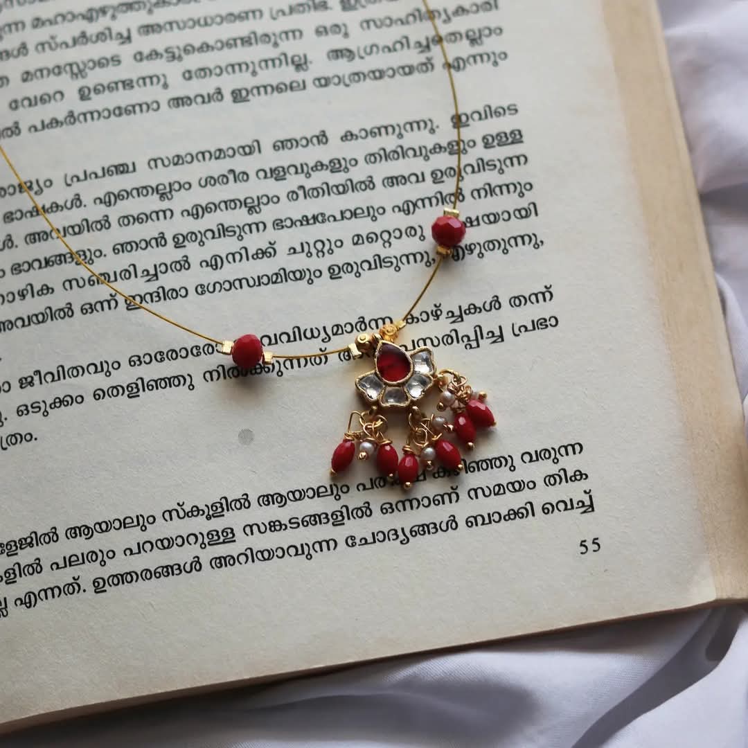 Jadau Kundan Flower Pendant With White And Red Bead Drops Handmade Necklace