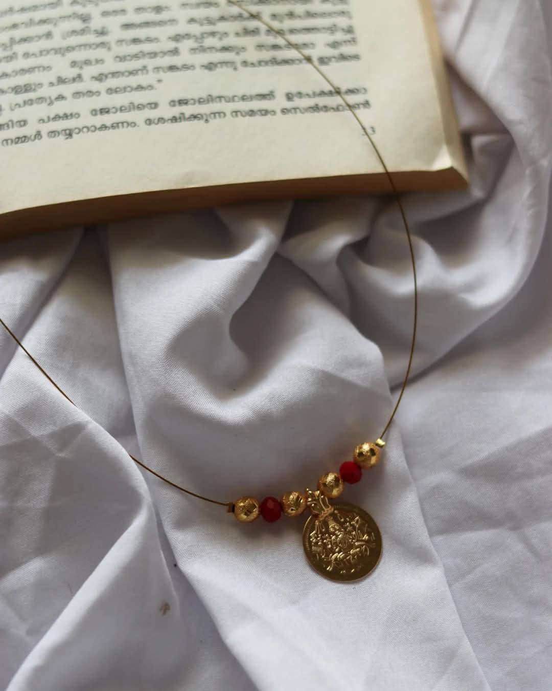 Impon Lakshmi Coin With Golden And Red Beads Handmade Necklace