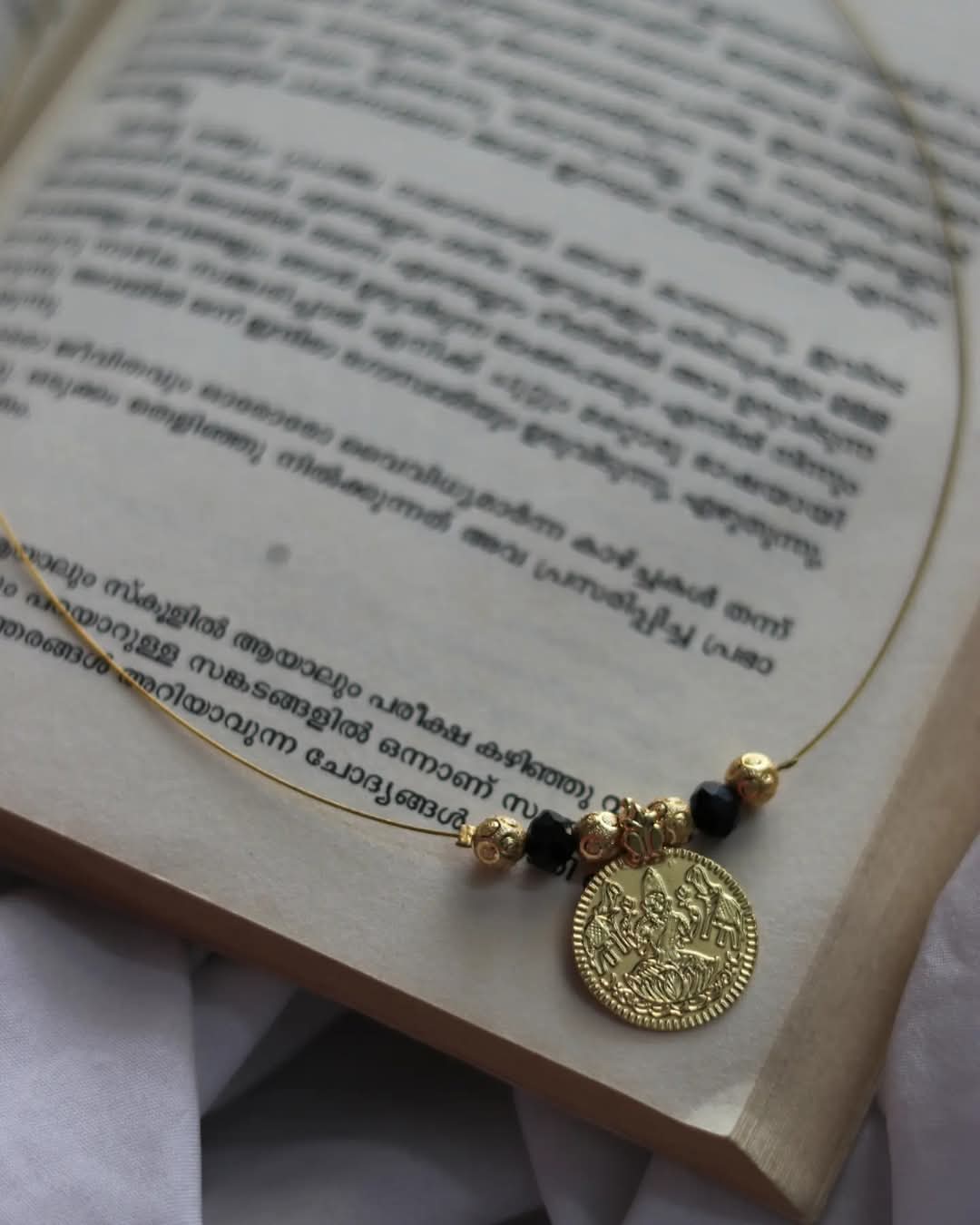 Impon Lakshmi Coin With Black And Golden Beads Handmade Necklace
