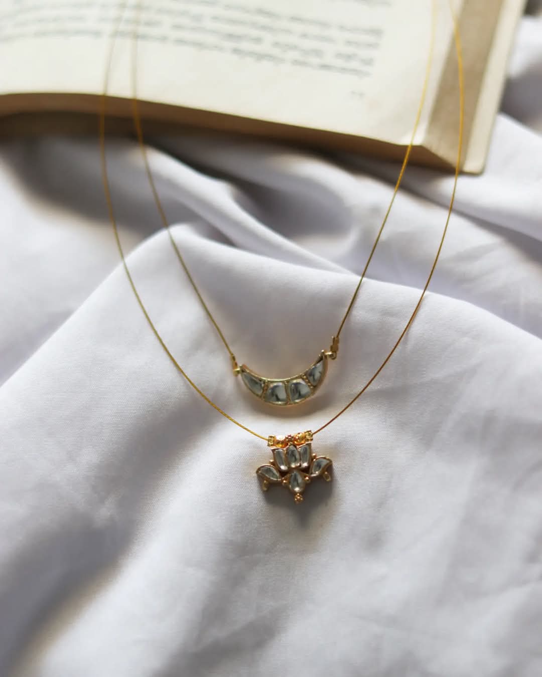 Jadau Kundan Moon Pendant With Moissonite Lotus Pendant Double Layer Handmade Necklace
