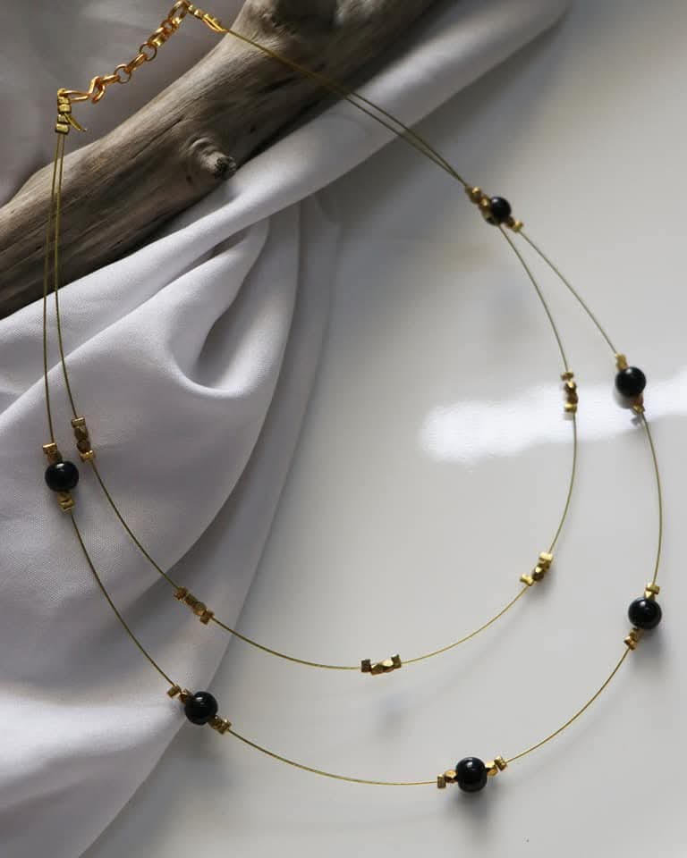 Double Layer Brass Facets Beads And Black Beads Handmade Necklace