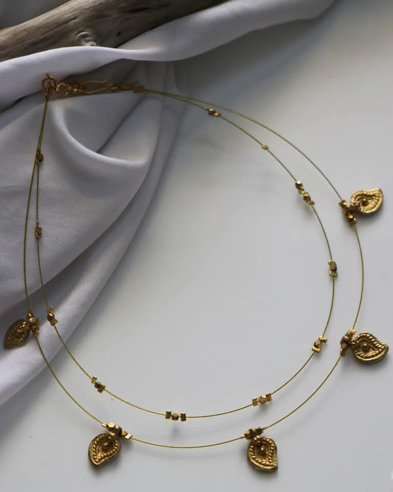 Double Layer Brass Facets Beads And Brass Mango Charms Handmade Necklace