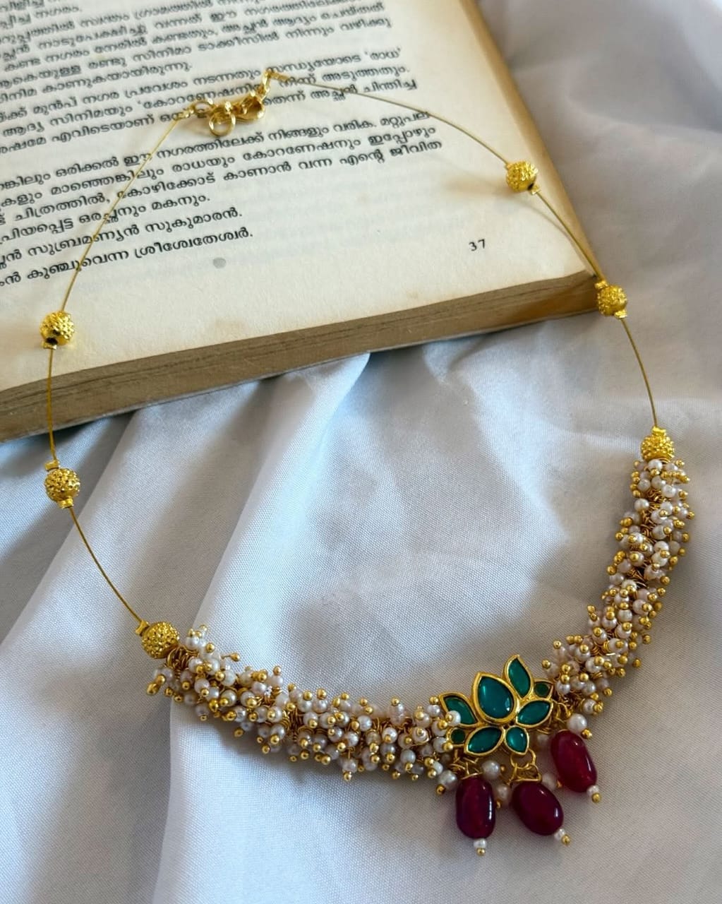 Green Lotus Pendant With Ghungroo Bunch Handmade Necklace With Earrings