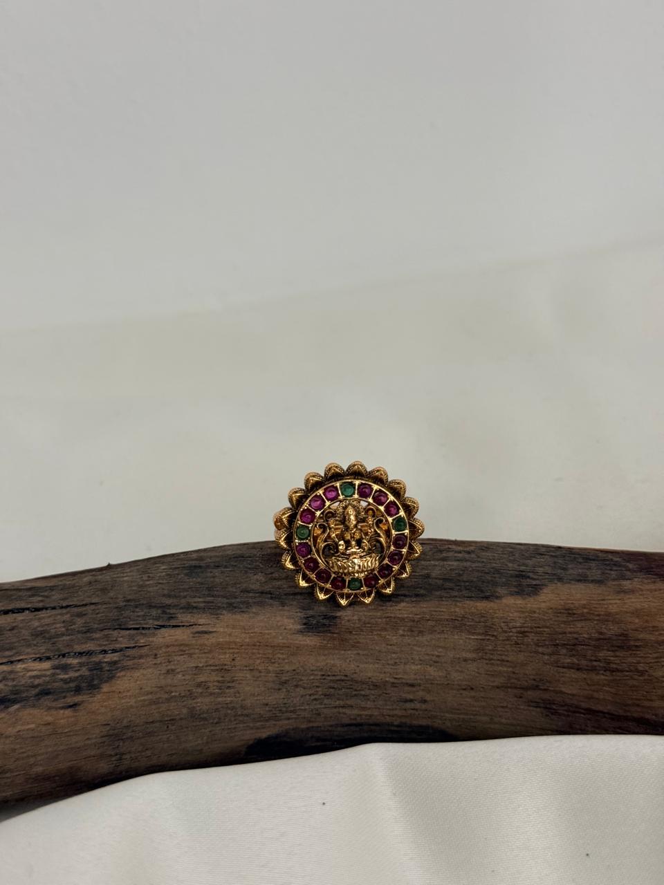 Premium Quality Lakshmi Idol In Multi Color Stones Gold Ring