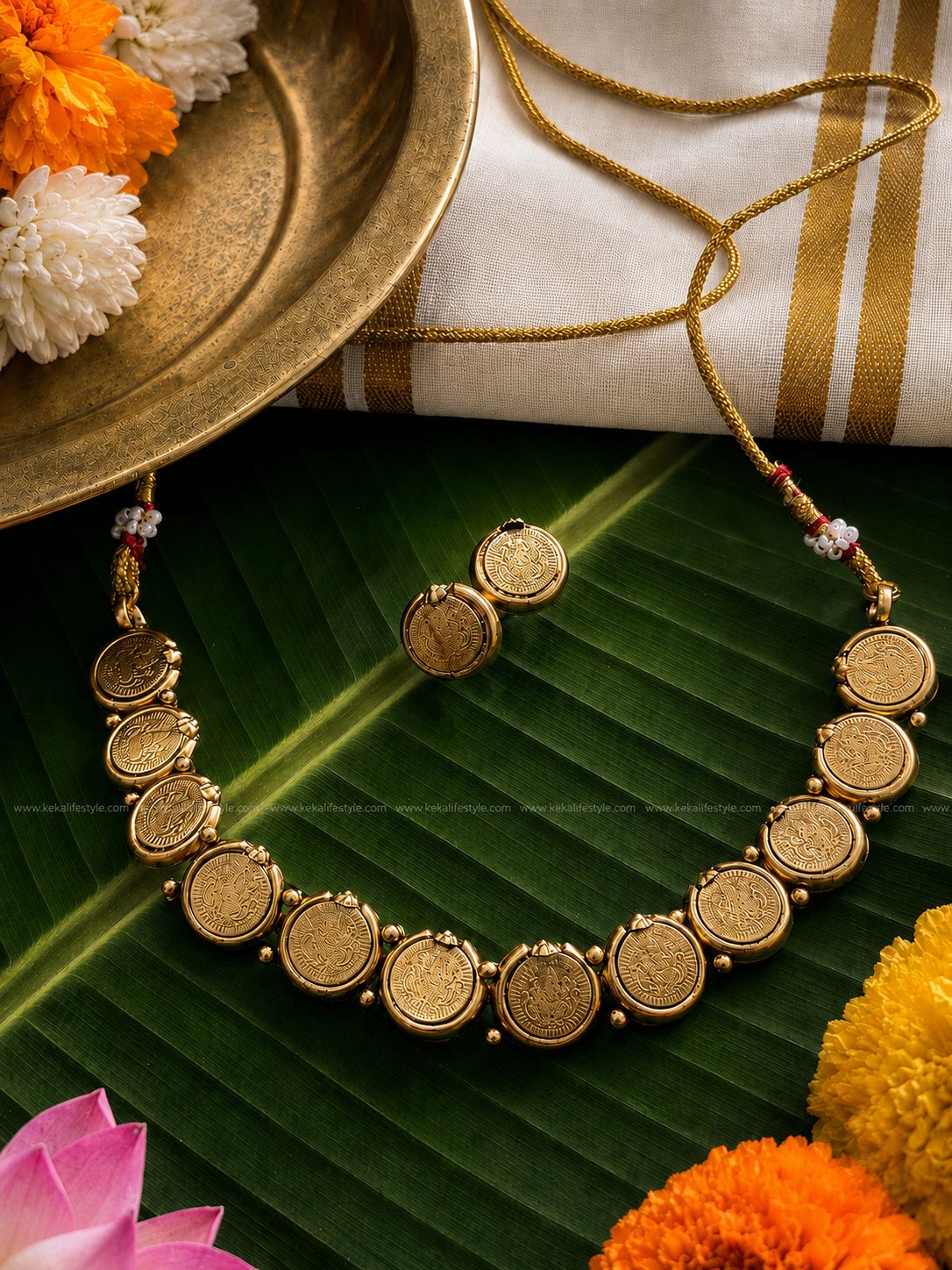 Matt finished lakshmi coin necklace with earrings