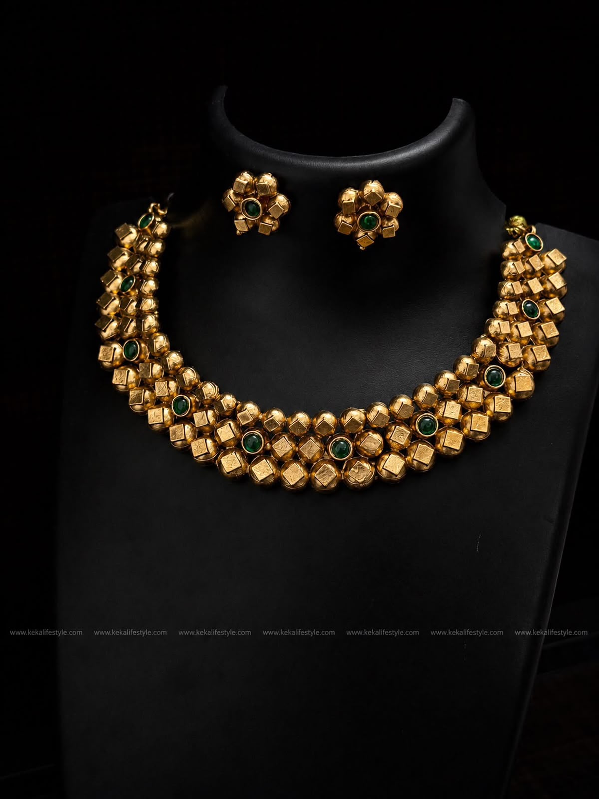 NGN0252 - Antique bead necklace with emerald green stone embellishments