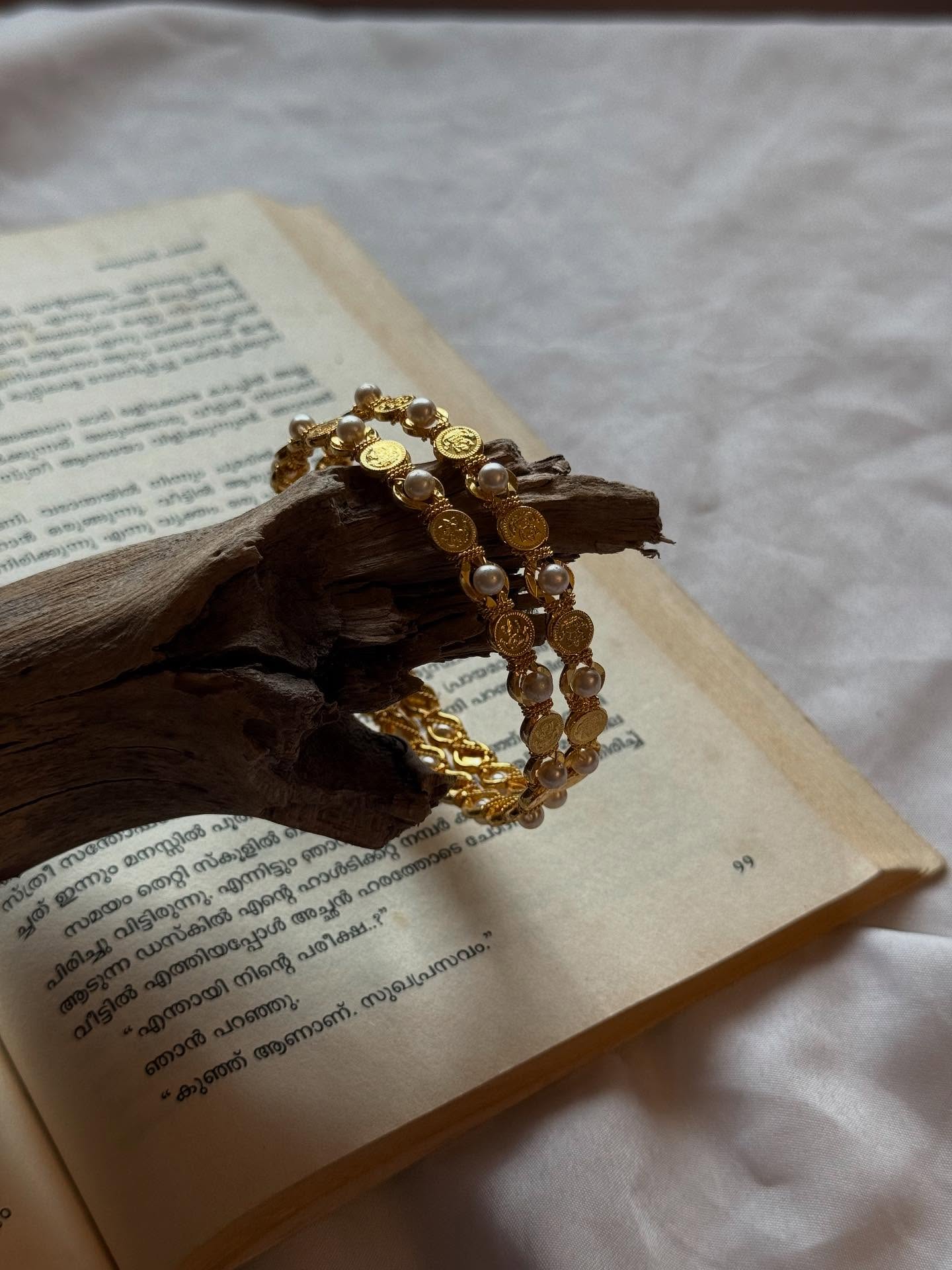 Small Coins With Pearl Bead Gold Bangles
