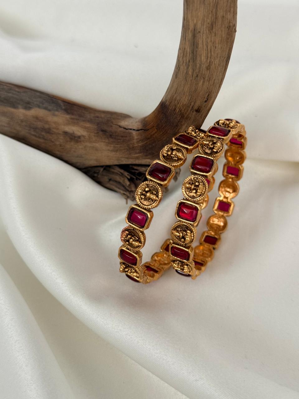 Lakshmi Motif With Square Ruby Stones Gold Bangles