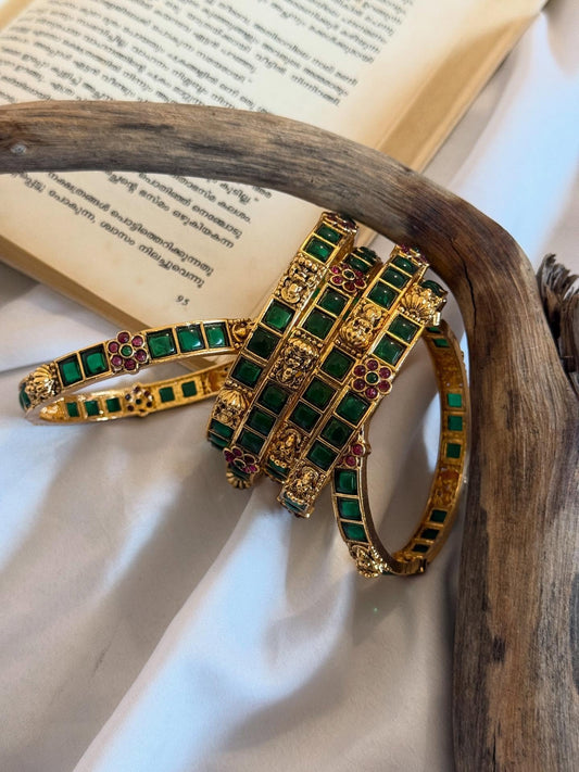 Square Green Stones With  Ruby Flowers And Lakshmi Motif Gold Bangles