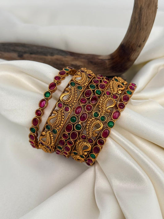 Multicolor Stones And Peacock Set Design 1 Gold Bangles