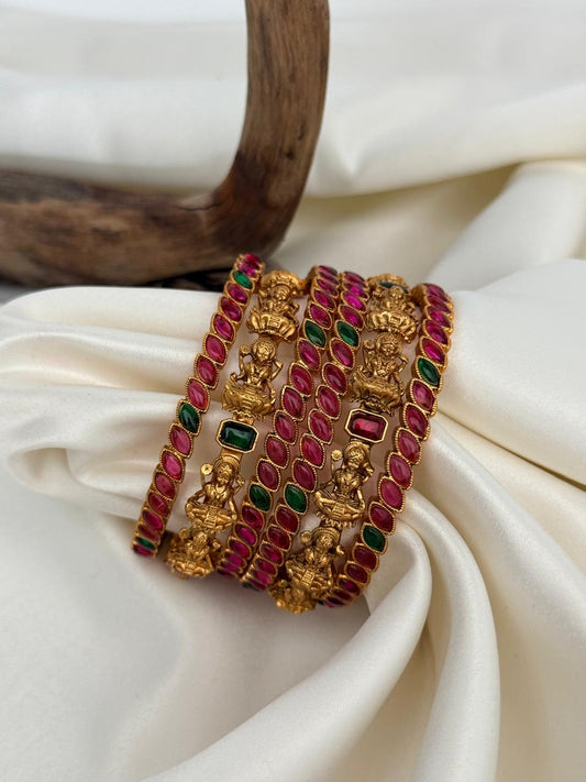 Vertical Stones With Lakshmi Motif Gold Bangles