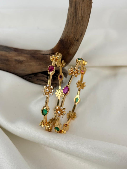 Multicolor Stones With Stone Flower Gold Bangles