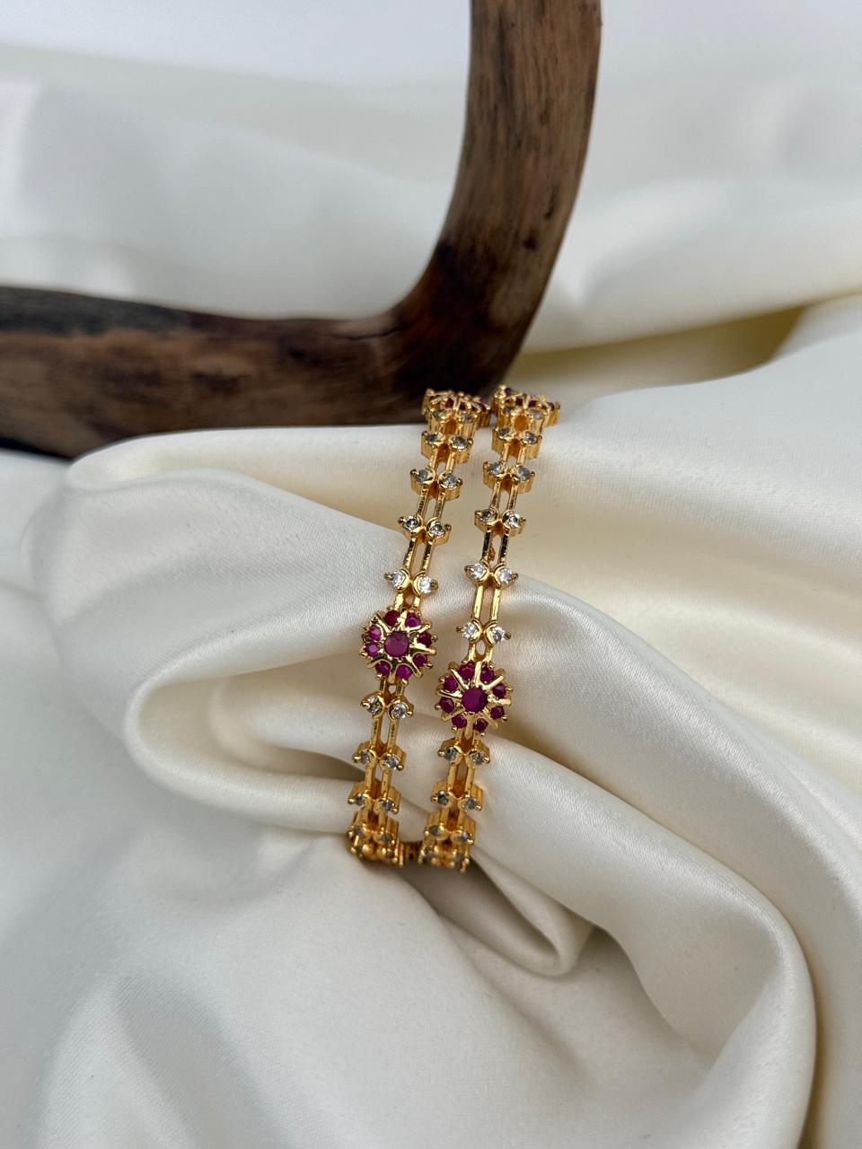 Ruby Flower Motifs Gold Bangles