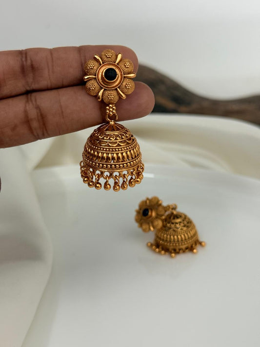 Flower Stud With Black Stone Gold Jhumka