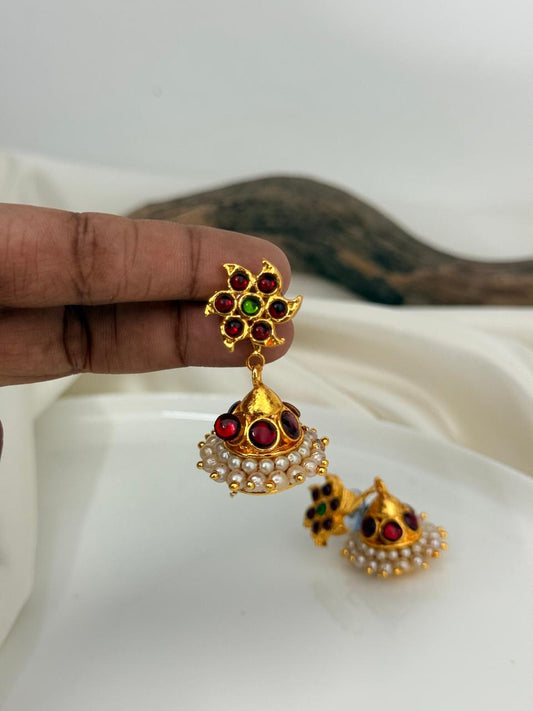 Double Layer Multicolor Flower Stud Gold Jhumka