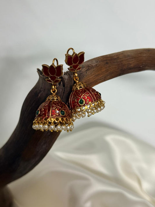 Enamelled Matte Red Hook  Jhumka