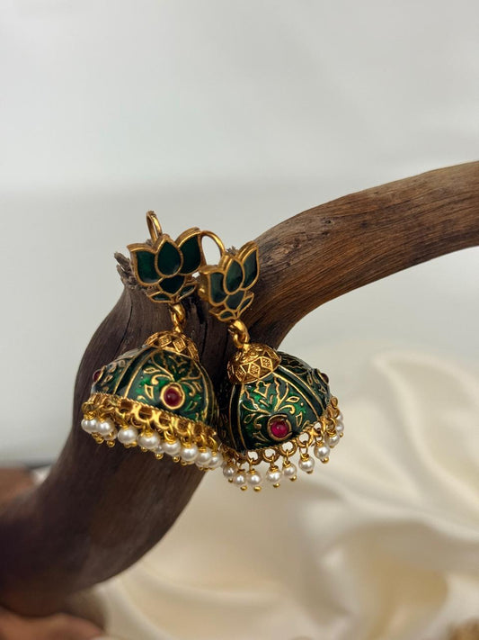 Enamelled Matte Green Hook Jhumka