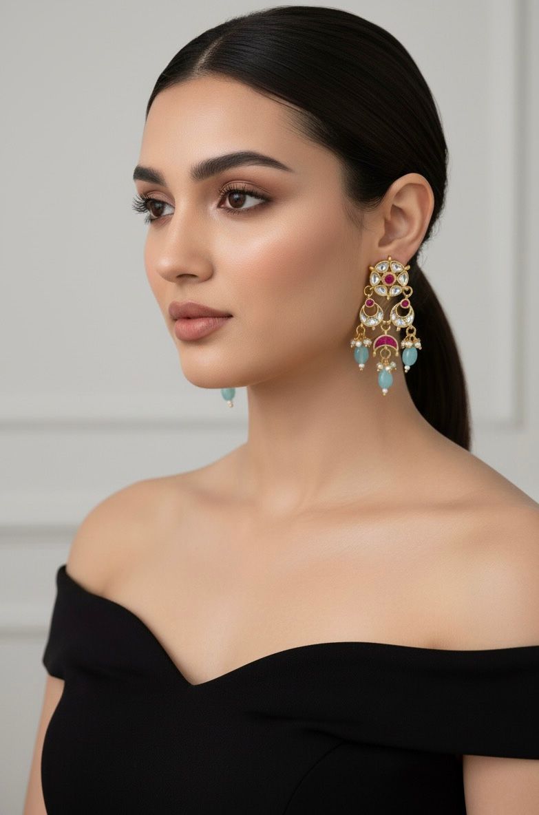 Jadau Kundan Multiple Pendant Earrings With Aqua Blue Bead Drops