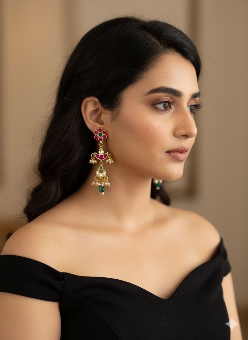 Jadau Kundan Multiple Pendant Earrings With Green Bead Drops