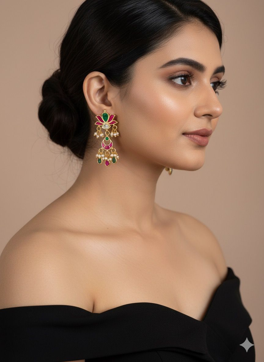 Jadau Kundan Lotus Stud With Pendant Drops Earrings