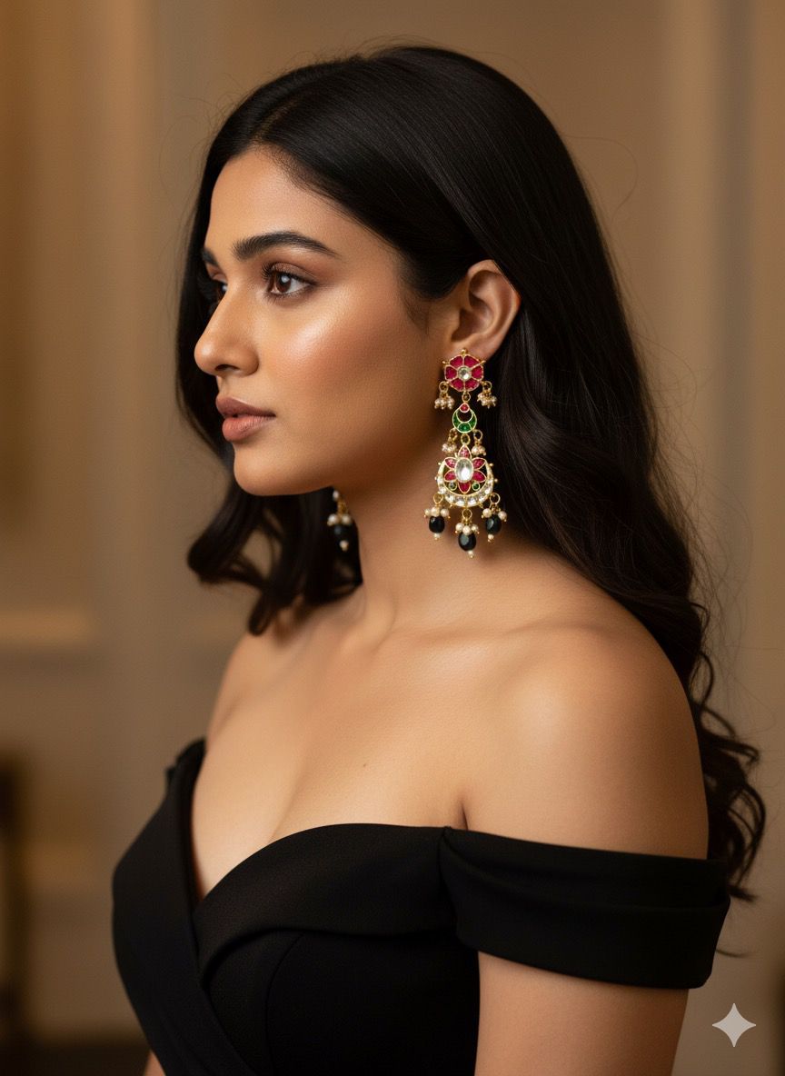 Jadau Kundan Multiple Pendants Earrings With Green Beads Drops Earrings