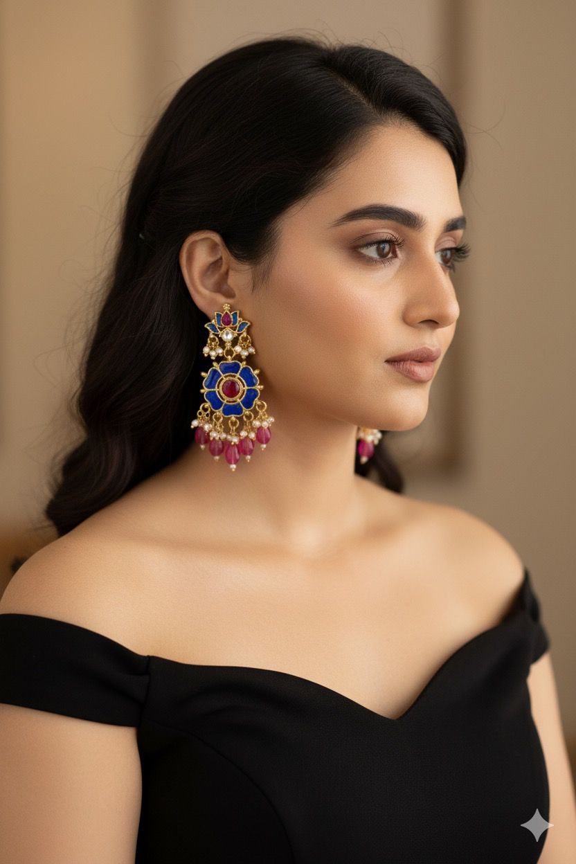 Jadau Kundan Lotus-Flower  Earrings With Pink Beads Drops