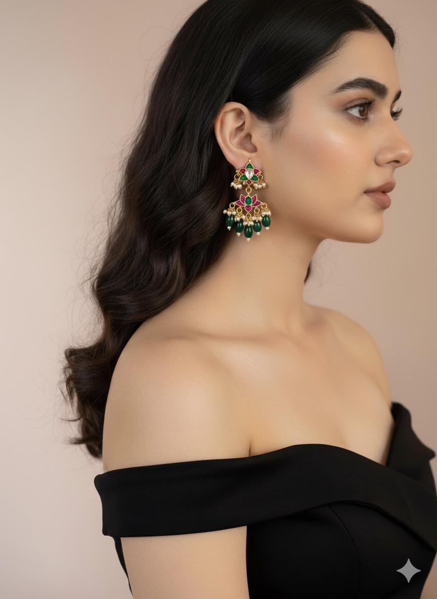 Jadau Kundan Multiple Pendants Earrings With Green Beads Drops