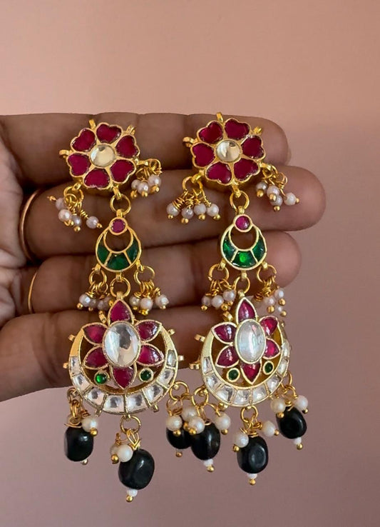 Jadau Kundan Multiple Pendants Earrings With Green Beads Drops Earrings