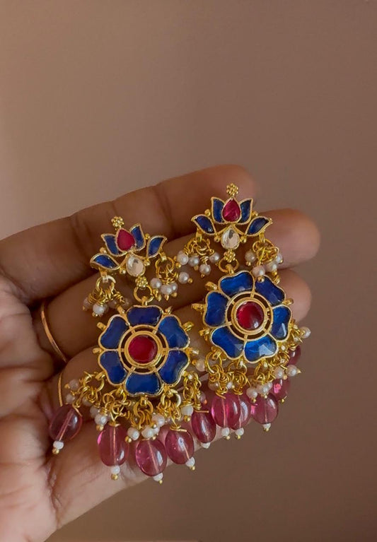 Jadau Kundan Lotus-Flower  Earrings With Pink Beads Drops