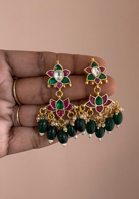 Jadau Kundan Multiple Pendants Earrings With Green Beads Drops