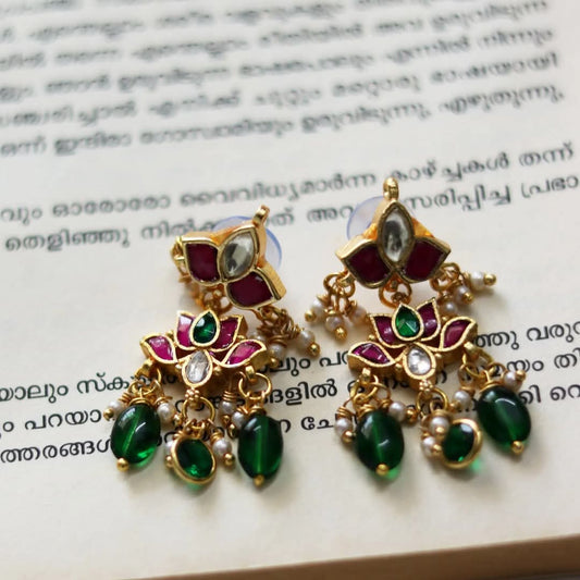 Jadau Kundan Multiple Pendants Earrings With Green Polki-Beads Drops