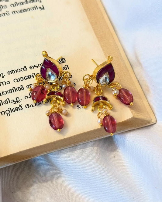 Jadau Kundan Drop Stud With Inverted Moon Earrings With  Pink Beads Drops