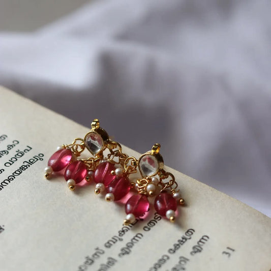 Jadau Kundan Stud With Pink Beads Drops Earrings