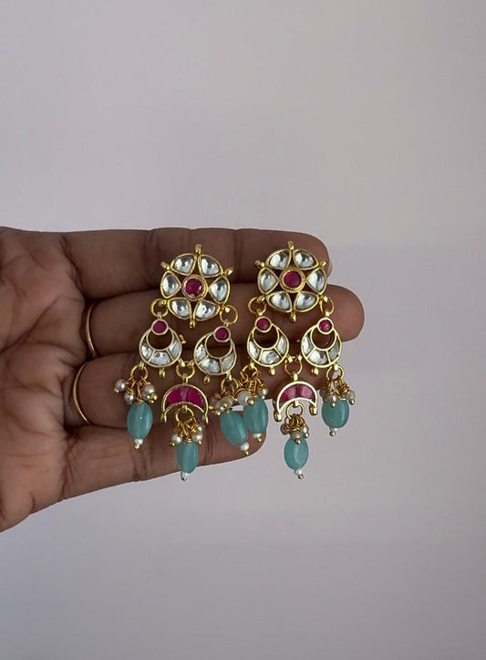Jadau Kundan Multiple Pendant Earrings With Aqua Blue Bead Drops