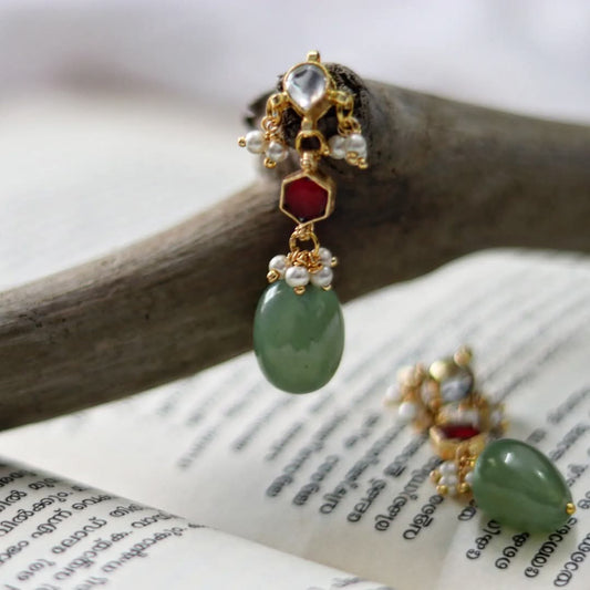 Jadau Kundan Single Stone Earrings With Pastel Green Jade Beads Drops