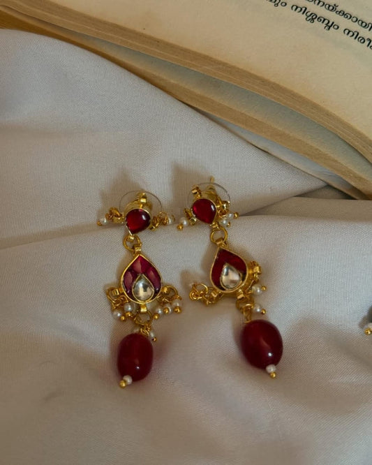 Jadau Kundan  Earrings With  Maroon Jade Beads Drops