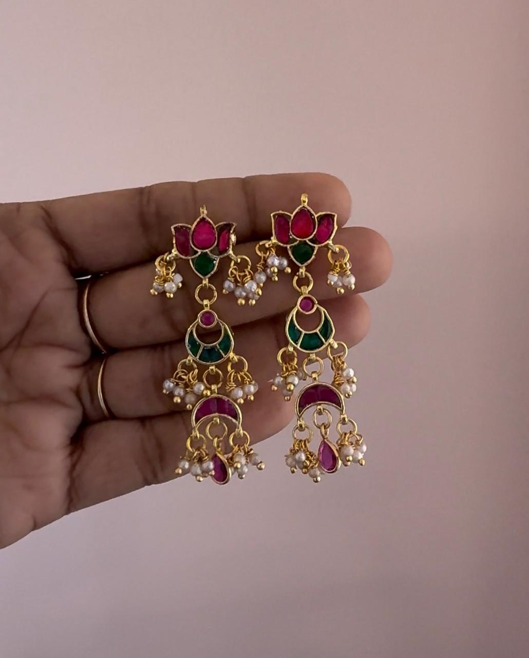 Jadau Kundan Multiple Pendant Earrings With Pink Polki Drops