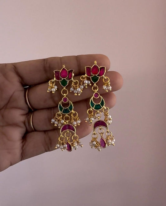 Jadau Kundan Multiple Pendant Earrings With Pink Polki Drops
