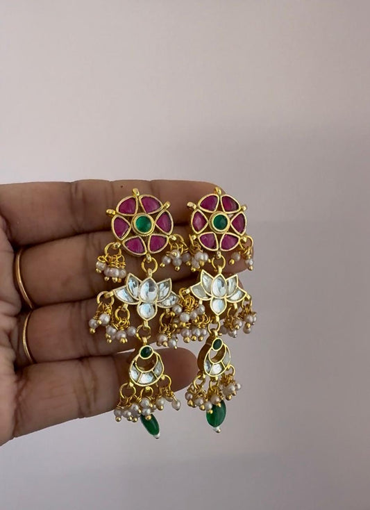 Jadau Kundan Multiple Pendant Earrings With Green Bead Drops