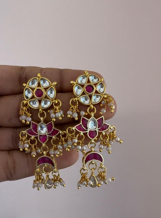 Jadau Kundan Multiple Pendant Earrings With White Polki Drops