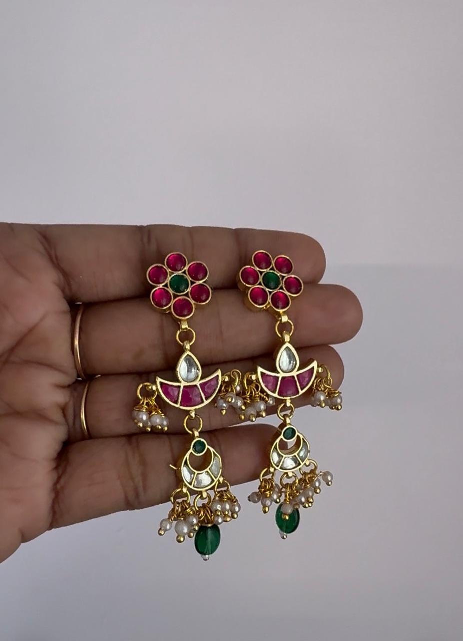 Jadau Kundan Multiple Pendant Earrings With Green Bead Drops