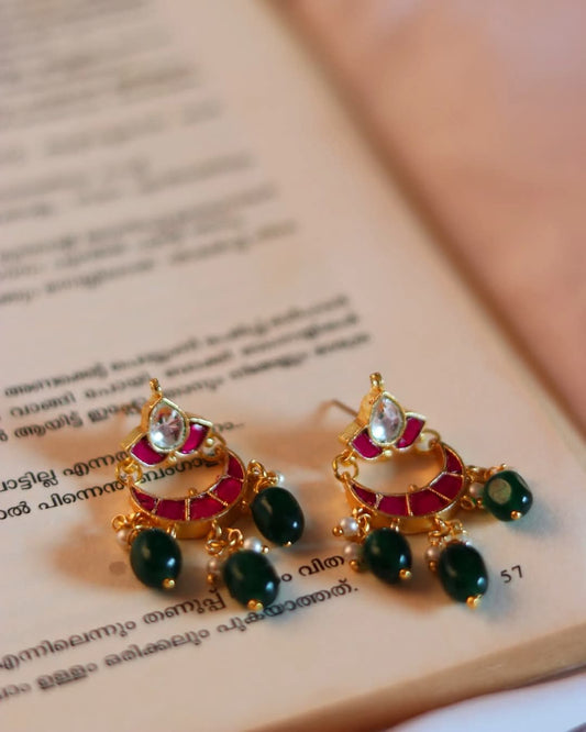 Jadau Kundan  Flower-Moon Earrings With  Green Jade Beads Drops