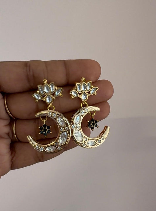 Moissanite Lotus And Moon With Black Star Stone Earrings