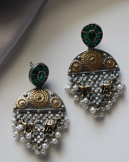 Silver LookalikeDual Tone Green Stud Danglers