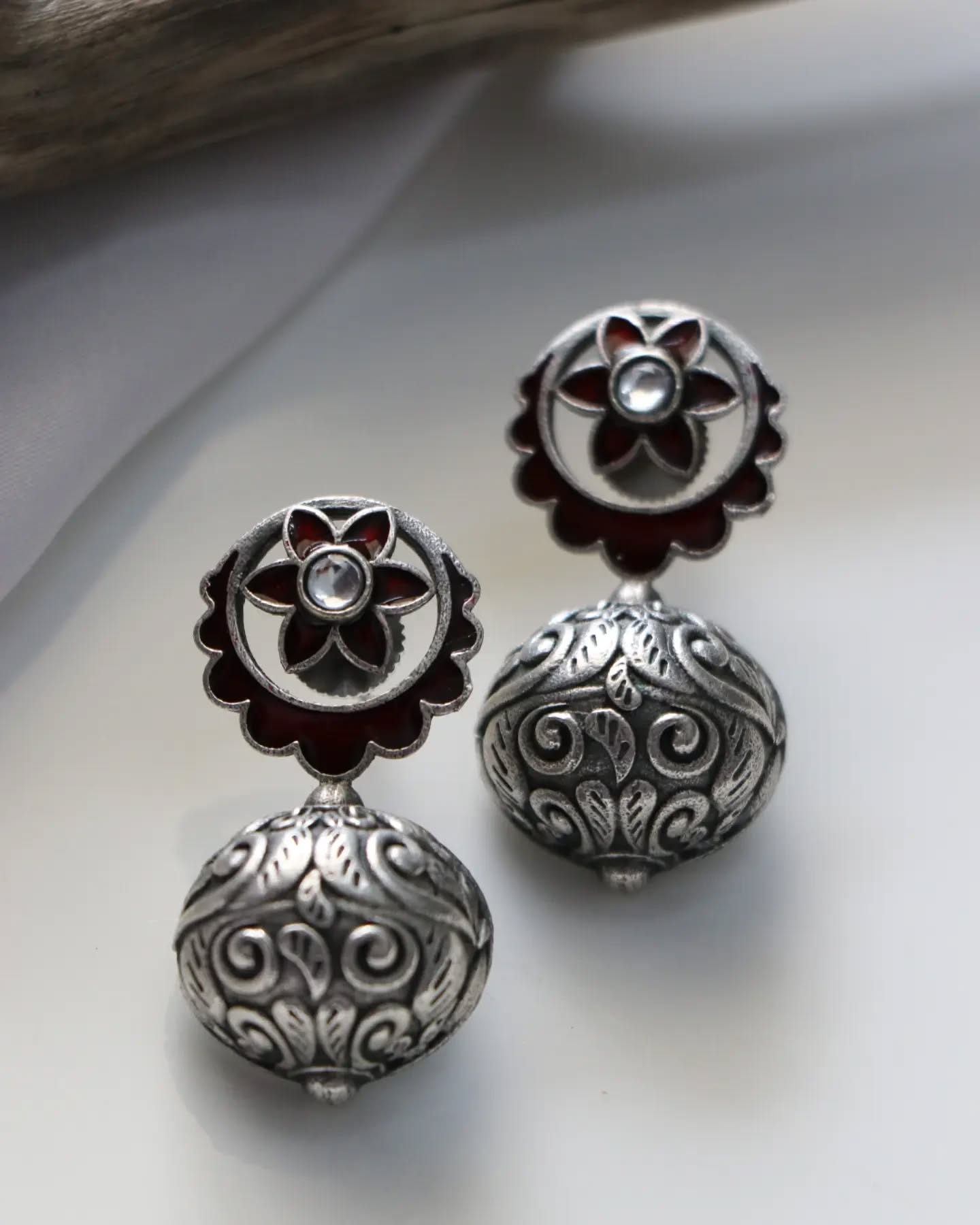 Silver LookalikeMaroon Enamelled Danglers