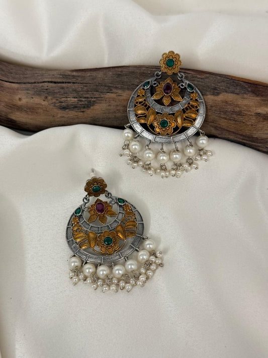 Silver LookalikeMaroon Stones Dual Color Danglers